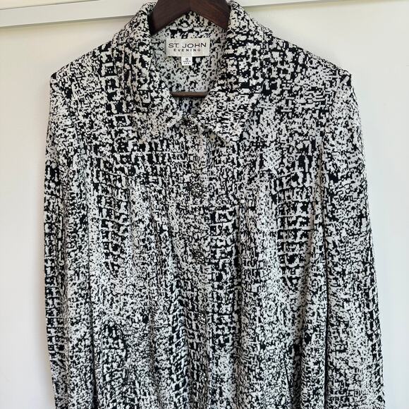 St. John Evening Sz 12 Knit Cardigan Sweater Long Jacket Black White Rhinestones - Picture 2 of 9